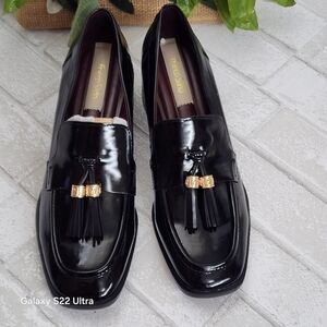 Franco Sarto Glossy Black Loafers with Gold Detail